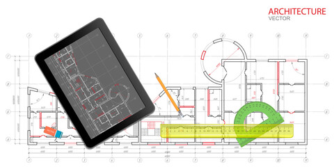 Architectural plan on a tablet .Design Engineer Workplace .Technical drawing background.Engineering design .Vector , illustration.	