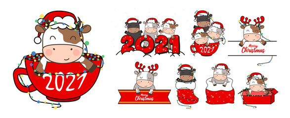 Christmas Cow kit. 2021 year of the ox. Big set of different Happy bulls. Chinese year of Ox 2021. Year of the bull. Bundle for Christmas greeting card, Merry Christmas and happy new year.