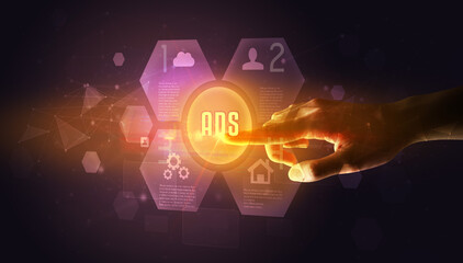 Hand touching ADS inscription, new technology concept