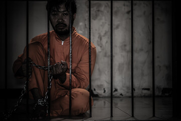 Asian man desperate at the iron prison,prisoner concept,thailand people,Hope to be free,Serious...