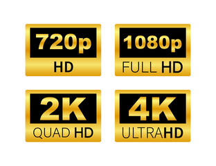 Video dimension labels. Video resolution 720, 1080, 2k, 4k, badges. Quality design element. Vector stock illustration.