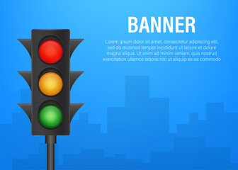 Traffic lights banner on blue background. Vector stock illustration.