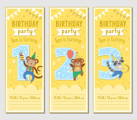 Set of Birthday party greeting card templates with cute animals and 1, 2, 3 numbers. Anniversary vertical poster or invitation for kids. Holiday bookmark illustration with monkey, bear, raccoon.