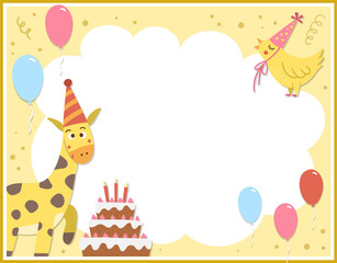 Fototapeta premium Birthday party greeting card template with cute cake and animals. Anniversary poster or invitation for kids. Bright holiday illustration with traditional festive dessert, balloons, giraffe