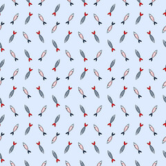Seamless Pattern with hand drawn colorful ornate Fishes. Colored Pencils Drawing in scandinavian style. Funny red blue babe background for print, textile, fabric, scrapbooking, wrapping paper, cover