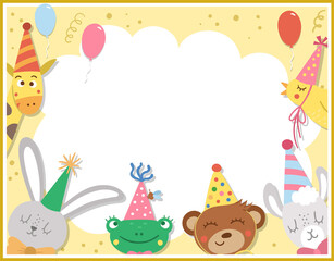 Birthday party greeting card template with cute animals. Anniversary poster or invitation for kids. Bright holiday illustration with traditional festive dessert, balloons, giraffe and place for text.