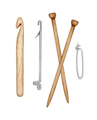 Watercolor Set of Knitting and Crocheting tools. Wooden Knitting Needles, Crochet Hook, Metal Pin and mending needle. Clipart, design elements isolated for knitters blog design, logo, pattern, poster