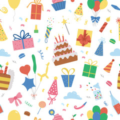Vector seamless pattern with cute happy Birthday design elements. Party celebration repeating background. Vector holiday digital paper with bright presents, cake with candles, balloons, flags. .
