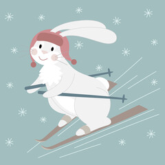 Cute white rabbit in a red hat skiing..Cartoon character on a New Year background. Vector illustration.