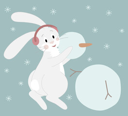 A cute white rabbit in red headphones sculpts a snowman. Cartoon character on a New Year background. Vector illustration.