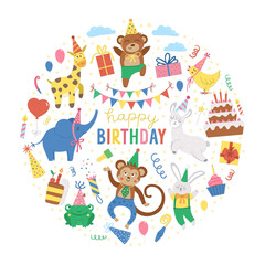 Vector round frame with happy Birthday elements. Traditional anniversary party clipart. Funny design for banners, posters, invitations. Cute festive holiday card template in circle shape..