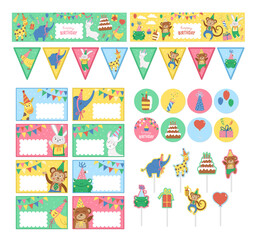 Set of Birthday party templates with cute animals. Anniversary greeting and placement card, toppers, avatars and flags collection. Bright pre-made holiday event designs for kids. Candy bar decoration.