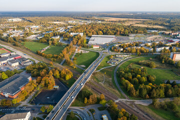 Aerial view of the city at sunset. Autumn vibes. 