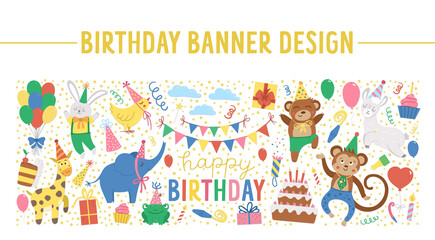 Vector horizontal frame with happy Birthday elements. Traditional anniversary party clipart. Funny design for banners, posters, invitations. Cute festive holiday card template with cute animals..