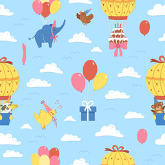 Vector seamless pattern with hot air balloons, cute animals, birds and clouds. Holiday repeating background with adorable flying characters. Funny birthday digital paper for kids. .