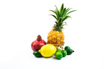 Group of exotic fruits together, bunch, wicker basket and assorted, on white isolated background