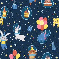 Vector seamless pattern with cute animals in party hats and spacesuits. Space birthday repeat background. Funny cosmic holiday digital paper. Cute texture with characters flying on balloons..