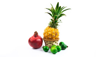 Group of exotic fruits together, bunch, wicker basket and assorted, on white isolated background banner