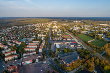 Aerial view of the city at sunset. Autumn vibes.