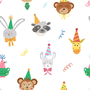 Cute Birthday seamless pattern with cute animal heads in party hats and confetti. Vector anniversary repeating background. Holiday digital paper with funny characters.