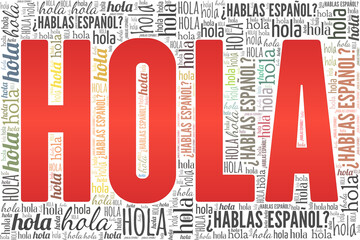 Hello! Do you speak Spanish? (Hola! Hablas Espanol?) vector illustration word cloud isolated on a white background.