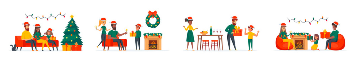 Christmas family bundle of scenes with flat people characters. Happy young family with kids having fun celebrating Christmas conceptual situations. Xmas winter holidays cartoon vector illustration.