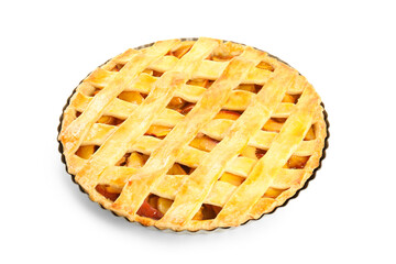 Delicious fresh peach pie isolated on white