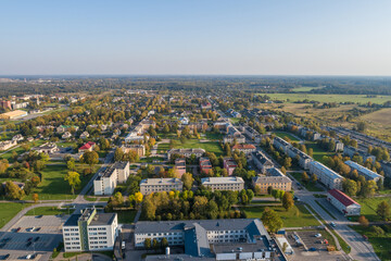Aerial cityscape panoramic view at sunset. 