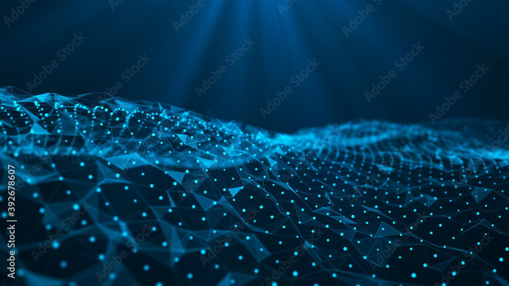 Poster abstract wave of many points. network of lines, points and triangles. futuristic background illustra