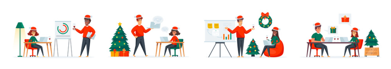 Corporate Christmas time bundle of scenes with people characters. Colleagues in red santa hats celebrating in office situations. Merry Xmas and Happy New Year holidays cartoon vector illustration.