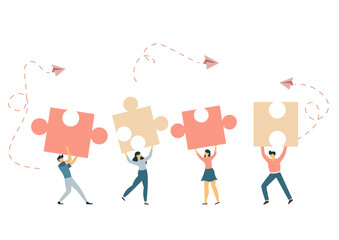 Business concept. Team metaphor. people connecting puzzle elements. Vector illustration flat design style. Symbol of teamwork, cooperation, partnership vector