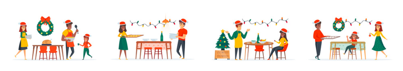 Christmas dinner bundle of scenes with people characters. People celebrating Christmas or New Year and having traditional festive dinner situations. Xmas winter holidays cartoon vector illustration.