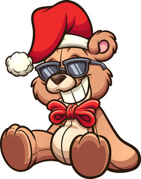 Cool cartoon Christmas bear with sunglasses. Vector clip art illustration with simple gradients. All on a single layer. 
