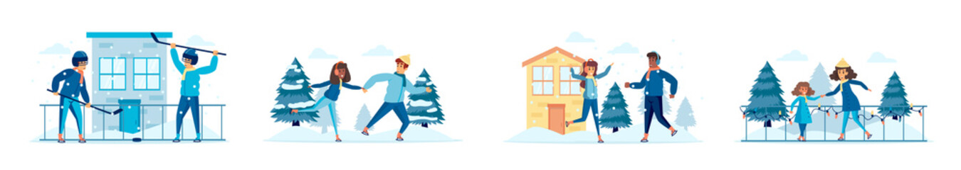 Hockey and skating sports activities bundle of scenes with people characters. Happy people play hockey and skating on ice rink situations. Wintertime holidays vacation cartoon vector illustration.