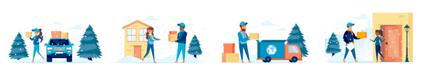 Winter delivery bundle of scenes with people characters. Express parcel and package delivery services with courier to door situations. Wintertime shipping and logistics cartoon vector illustration.