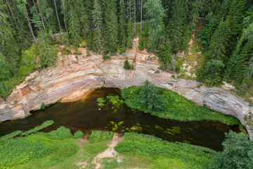 Aerial view of outcrops of devonian sandstone on the banks of Ahja river, Taevaskoja, Estonia.
