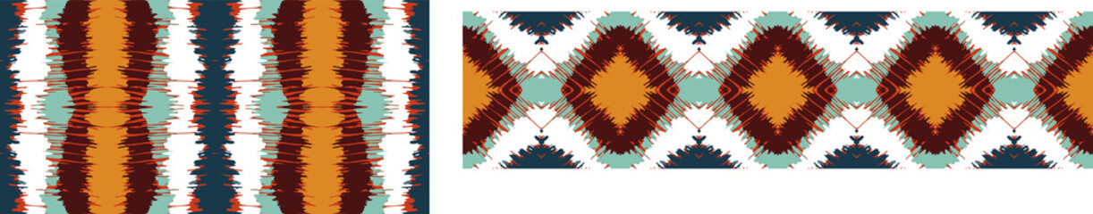 Ikat border. Geometric folk ornament. Tribal vector texture. Seamless striped pattern in Aztec style. Ethnic embroidery. Indian, Scandinavian, Gypsy, Mexican, African rug.
