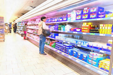 Shelf in supermarket interior colorful painting looks like picture.