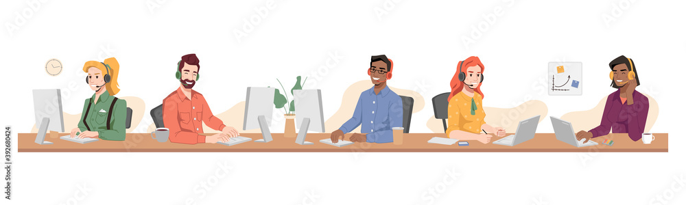 Poster Online customer service, support center workers sitting at table with computers. Vector professional consultants communicating with clients in headset at helpdesks. Operators, assistant at helpline