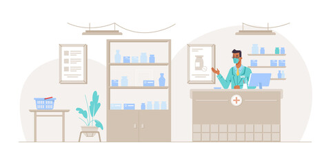 Pharmacist working in pharmacy shop standing by counter. Interior of drug store with shelves full of medicine and pills. Male seller selling tablets and prescribed products. Vector in flat style