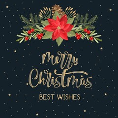 cards "Merry Christmas" with a holiday decorations and decor elements. Inscription. Label, banner advertising element.
Vector illustration. Printing on fabric, paper, postcards, invitations.
