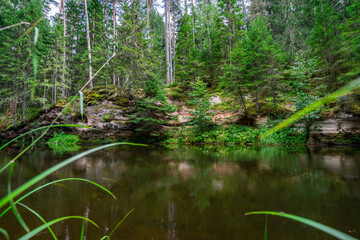 Fototapeta na wymiar Outcrops of Devonian sandstone on the banks of Ahja river, Estonia. 