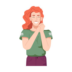 Woman with red hair smiling and expressing joy clenching hands. Isolated happy redhead girl with closed eyes. Victory or pleasant news. Positive personage. Cartoon character, vector in flat style