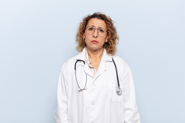 hispanic middle age woman feeling sad and whiney with an unhappy look, crying with a negative and...