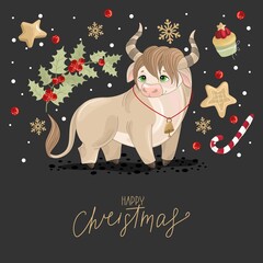 Happy New year greetings with a festive Bull, twigs and sweets. Vector illustration.  Winter holiday greeting card with
calligraphic and hand-drawn design elements.
