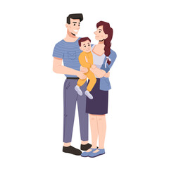 Parents and kid, happy young family consisting of dad, mom and toddler. Isolated youth with baby on hands. Parenthood and childhood, married couple with infant. Cartoon character, vector in flat style