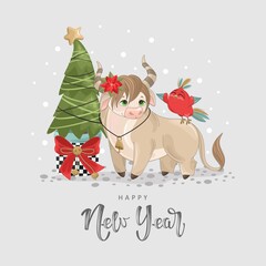 Happy New year greetings with a festive Bull, twigs and sweets. Vector illustration.  Winter holiday greeting card with
calligraphic and hand-drawn design elements.
