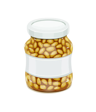 Glass jar with Bean. Haricot Natural food for safekeeping. Isolated white background. Illustration.