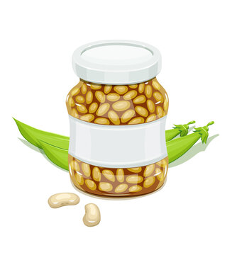 Glass jar with Bean and pods. Haricot Natural food for safekeeping. Isolated white background. Illustration.