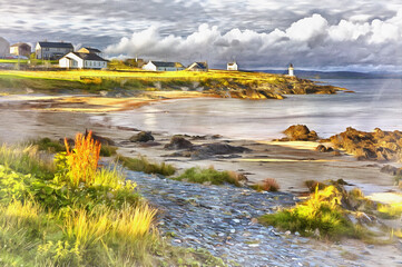 Sea coast with lighthouse colorful painting looks like picture
